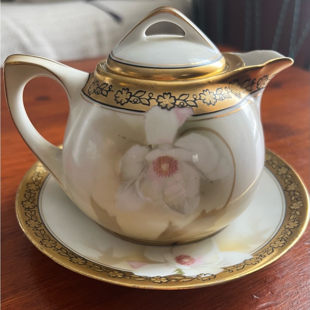 Elegant Antique Gold and White small Teapot with Floral Design.    RS Germany